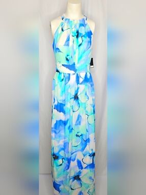Nine West Ice Blue & Aqua Floral Halter Maxi Dress Size 8 NWT